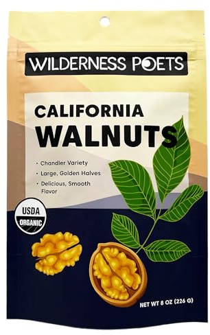 Wilderness Poets California Walnuts - Organic, Raw, Chandler Heirloom Variety - Golden, Blonde Halves - (8 Ounce - 227g)