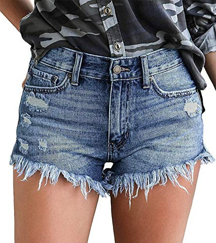 KISSMODA Women's Hot Shorts Ripped Hole Jeggings High Waisted Short Pants Blue Large