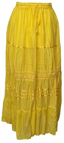 Kiran Fashion Cotton Maxi Skirt Summer Boho Festival Lined One Size Fits 10 12 14 16 18 20 (Yellow)