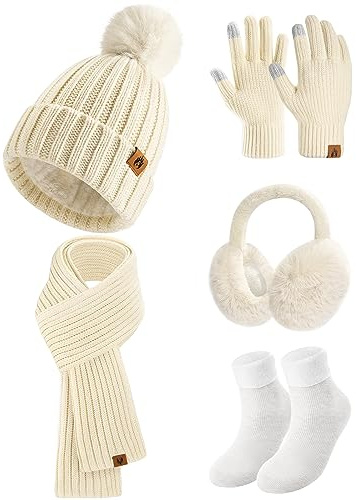Niwicee Tricotés Ensemble Femme Hiver Bonnet Echarpe Gants d'écran Tactile Doublure Doux Tricoté Chaud Cache Oreilles Chaussettes Thermiques pour l'hiver Ski Sports-Blanc-