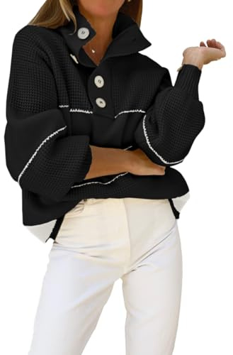 CHARTOU Women's Waffle Knit Knitwear Slouchy Striped Polo Collared Long Sleeve Pullover Sweater Tops (Medium, Black)