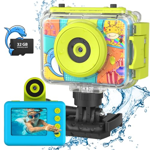 CHAKEYAKE Macchina Fotografica Impermeabile per Bambini, 1080P Fotocamera Subacquea con 180° Flip Len, Scheda SD 32G - Regalo Compleanno Natale per Bambina 3-12 anni