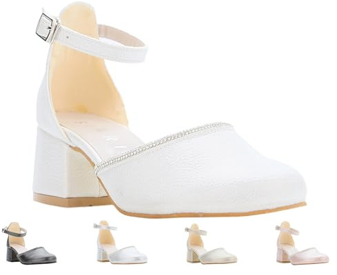Girls’ Block Heel Mary Janes, Ankle Strap Closed Round Toe Rhinestone Trim White Shoes, Size UK Youth 2.5