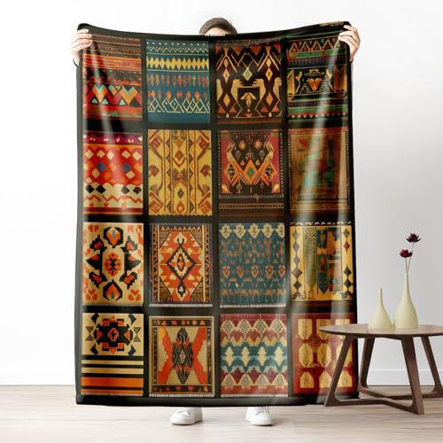 Gklnmcx Couverture en Peluche pour Le Canapé Motif Plaid Ethnique Tribal, Couvertures Et Plaid Patchwork Vintage Boho, Couverture en Flanelle 150 X 150 pour Toutes Les Saisons