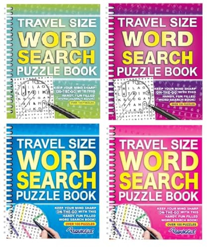 Youngland Word Search Books Travel Size, Pack of 4 Spiral Bound Puzzle Books for Adults & Teens - Portable Brain Games for Car, Plane, Vacation