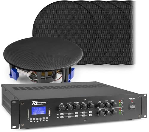 Sistema de Sonido 2 Zonas con Amplificador matricial – Bluetooth, MP3, 12 Altavoces de Techo 5,25’’, Sistema 100V sin pérdidas, 100m de Cable de Altavoz, Ideal para oficinas y Tiendas