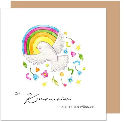 Edition Seidel Premium quadratische Glückwunschkarte zur Kommunion mit Umschlag. Kommunionskarte mit Spruch Karte Grußkarte Junge Mädchen Jugendliche Taube Regenbogen (KOQ122 SW025)