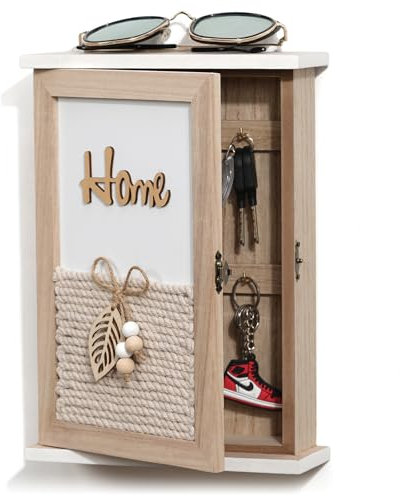 Optyuwah Cassetta portachiavi in legno con foglie, perline di legno e filo di cotone, 6 ganci per chiavi, organizer da parete per ingresso, corridoio, ufficio, L bianco