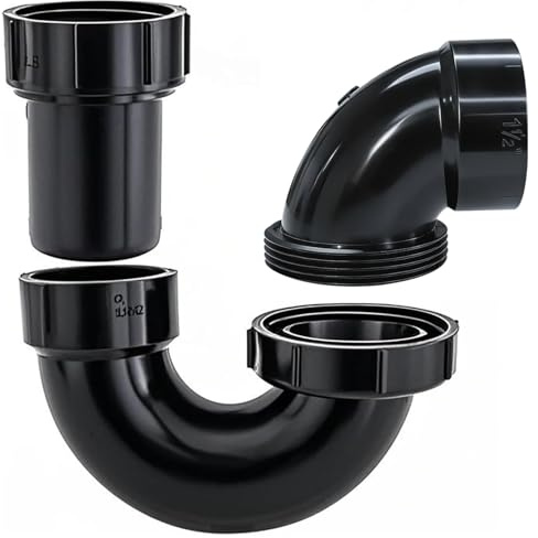Lesso ABS Adjustable P Trap1 1/2 Inch for RV Drain Bathroom Kitchen Sink Drain Pipe Tubular Kit with White Threaded Adapter Ring