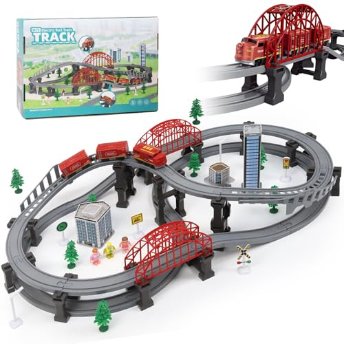 Treno Elettrico per Bambini 128 Pezzi, Treno Giocattolo con Segnali Stradali e Scene Urbane, Gioco Educativo Pista da Corsa per Bambini 3 4 5 6 7 Anni, Regalo di Natale per Ragazzi Ragazze