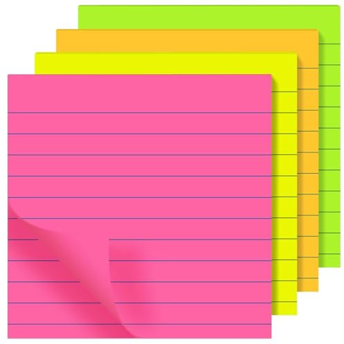8 Pads Neon Colours Square Lined Sticky Notes 76 x 76mm (3x3) | Self-Adhesive Neon Yellow, Pink, Green, Orange Memo Pads for Office, School & Meeting | Lined/Ruled