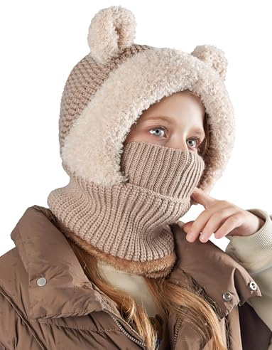 SEAUR slip-mössa flicka 4–10 år fodrad stickad mössa för barn, halsduk för barn, balaclava vintermössa, söt björn, kaki, 4-10 år