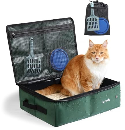 Luxtude Portable Travel Litter Box for Cats, Waterproof & Smell-Proof Collapsible Cat Litter Box with Lid, Sturdy Shape and Hard Bottom for Car, Hotel, and Outdoor Use(Green, Medium)