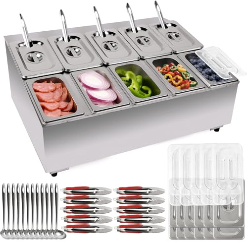 Kalolary 10 Pans 2 Row Pizza Topping Station with Spoons Clips Lids | Adjustable Pizza Storage Container Topping containers for Bar Restaurant Sauce Jam Fruit Ingredient