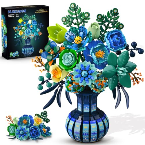 PLAXSOON Kit de Construction de Fleurs avec Vase, Collection Botanique Bouquet de Saint-Valentin en Blocs, 1309 PCS Kit Bonsaï Artificiel Paon Déco Maison, Cadeau pour Elle Adultes Filles 12+