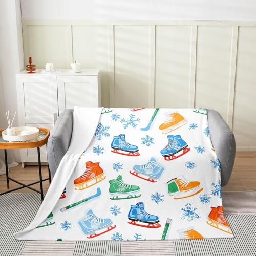 Erosebridal Ice Hockey Fleece Blanket Puck Sports Flannel Blanket Queen Size for Boys Kids Teens Adults Winter Event Ball Games Fuzzy Plush Throw Ice Skates Hockey Sticks Snowflakes Blankets