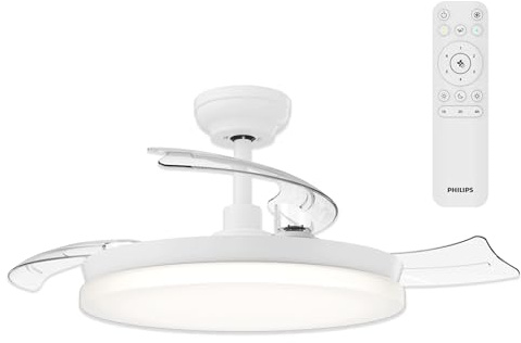 Philips Solr Lámpara de Techo con Ventilador de Aspas Retráctiles con LED, 3 Aspas, 106 Cm, 4500 Lúmenes, Luz Blanca Tres Tonos (2700 K/4000 K/5500 K), Regulable al 10%, Mando a Distancia, Blanco
