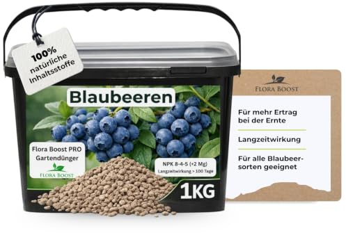 Flora Boost PRO Blaubeer Dünger 1 kg I Langzeitdünger NPK 8-4-5 für Heidelbeeren & Beerensträucher I Granulat für kräftiges Wachstum, große Früchte & reiche Ernte