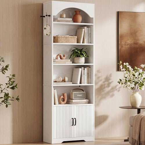 IRONCK 210cm Bookshelf with Cabinet, 7 Tier Arched Bookcase with Doors