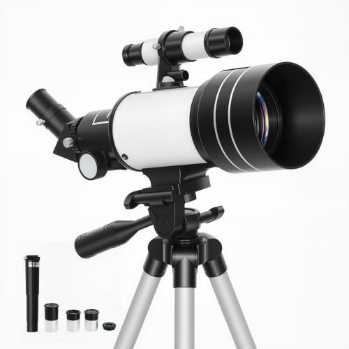 Outsunny Télescope Astronomique pour Adultes et Débutants 70 mm Blanc | Télescope Réfracteur, 100X/50X/30X avec 3 Oculaires, Monture AZ 300 mm, Trépied Réglable en Aluminium
