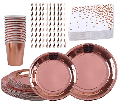 Rosegold Partygeschirr Papier Pappteller Pappbecher Strohhalme Serviette 50 Stk Für Geburtstag Party Hochzeit 10 Gäste