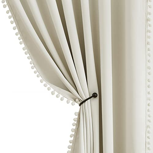 Pom Pom Ivory Blackout Curtains for Living Room 90-inch Drop Bedroom Light Blocking Beige Curtains Energy Saving Triple Weave Full Blackout Window Treatment Sets Pencil Pleat, 50 w 2pcs