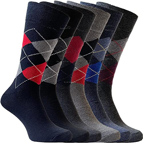 ZombaFlo 6 Pair Diabetic Socks for Men NON Elastic Soft Grip Comfortable Tops cotton Rich UK Size 6-11 (Argyle Multicolour)