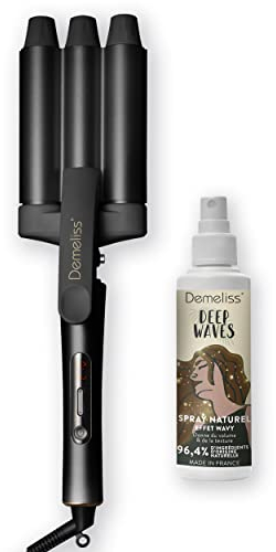 Demeliss - Saint Algue - WAVES BLACK, Fer à Onduler + Spray Texturisant Deep Waves, Boucleur Effet Wavy, Styler Complet, Revêtement Céramique et Tourmaline, Noir Mat