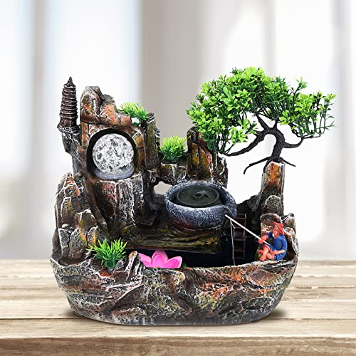 WOQLIBE Zimmerbrunnen mit LED-Beleuchtung, Zerstäuber, Steingarten, Wasserfall, Dekoration, 220V, Schwarz