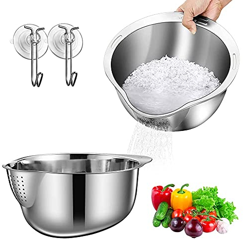 Bol À Laver Le Riz Avec Passoire, Laveuse Et Passoire 4 En 1, Égouttoirs Latéraux En Acier Inoxydable Pour Nettoyer Les Fruits, Les Légumes Et Les Haricots, Outil De Cuisine Polyvalent (Argent)