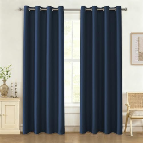 Ystyle Termiska mörkläggningsgardiner med linneeffekt - set med 2, anti-kyla och värme, ljudisolering, för vardagsrum, 140 x 260 cm, mörkblå