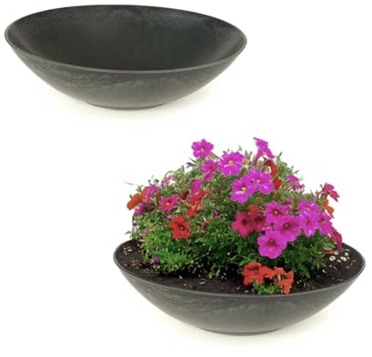 matches21 HOME & HOBBY matches21 Lot de 2 grands pots de fleurs décoratifs en noir marbré pour l'extérieur - Plats de 25 cm - Pour fleurs, bonsaï ou cimetière