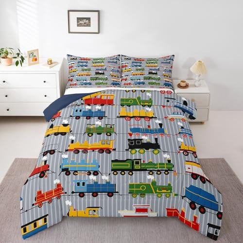 Erosebridal Boys Comforter Set Full Size Train Bedding, Colorful Steam Engine Truck Bedding Comforter Sets for Kids Girls Toddler Train Transportation Quilted Duvet 3Pcs,Gray, Blue, Red, Yellow