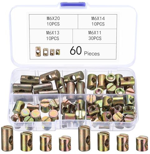 60 Pcs M6 Écrou Cylindrique, Écrous à Fente, Ecrous à Manchon pour Meuble, Écrous à Barillet à Fente, Chevilles Écrous de Baril, Boulon de Meubles Fendue pour Lit Chaises Berceau, 11/13/20/24 mm