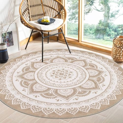 SHACOS Kurzflor Teppich Rund 160 cm, Boho, Anti Rutsch, Waschbar, Wohnzimmerteppich Rund Flauschig, Runder Teppich für Schlafzimmer, Wohnzimmer, Beige