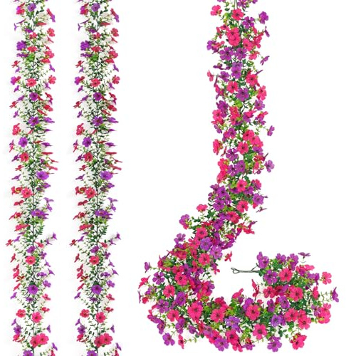 MEIVINES Guirnaldas de Flores Artificiales 2 Piezas Double Color Artificial Flores Garland Colgando Flores Artificiales Exterior para Boda Jardín Hoga Decoración(Morado Rosa roja)