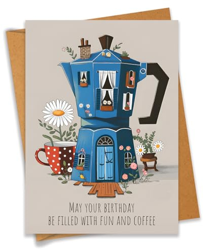PEONYNFOX May Your Birthday Be Filled With Fun And Coffee Moka Pot House Birthday Card for Coffee Lovers Family Best Friend Colleague - Size 6.3x4.7 Blank Inside with Kraft Envelope