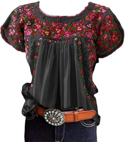 Pinclodly Embroidered Tops for Women Ethnic Pleated Loose Fit Mexican Blouses Summer Short Sleeve Crew Neck Peasant Shirts Black