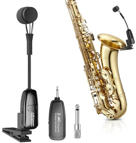Wireless Saxophone Microphone, 2.4GHz Clip Microphones, USB-C Charging Mic System, Great for Sax Trumpet Tuba Trombone Cornet FrenchHorn Instruments Practice Teaching Street Bars Stage Performance