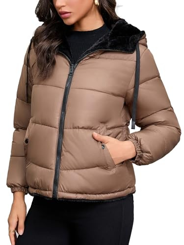 Haianguoji Women's Heavyweight Quilted Puffer Jacket Warm Sherpa Lined Reversible Winter Short Coat for Winter(Olive Brown, M)