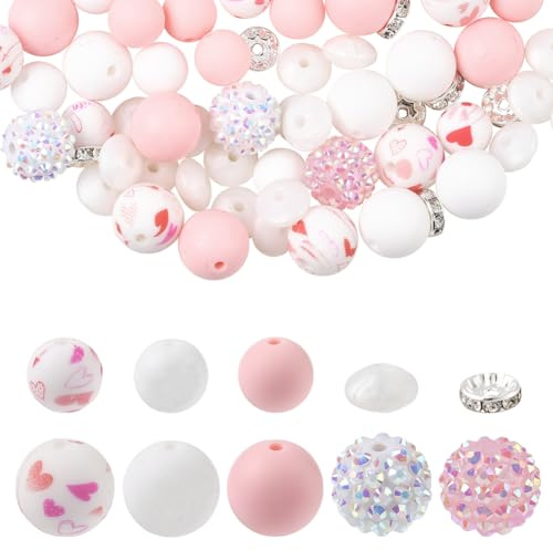 SOFPLATE 64 Pieza de Cuentas Espaciadoras de Silicona Rosa para Llavero Bolígrafo Cuentas Coloridas Surtidas Bolas Redondas Suaves Espaciadores Pequeños Y Lisos Kits para Bolígrafos Llaveros Cordones