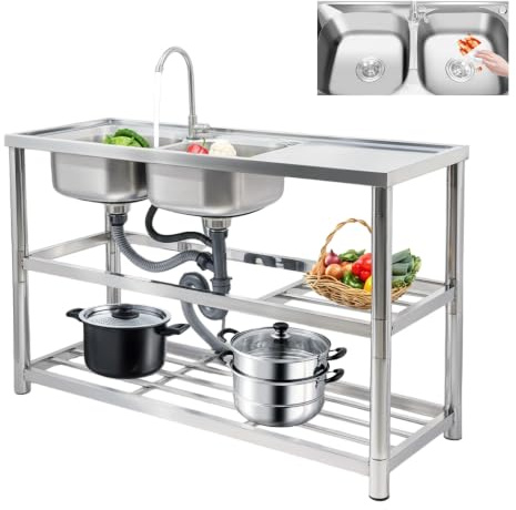 Mqwdxzfes Fregadero doble de acero inoxidable con 2 lavabos, fregadero de cocina con 2 lavabos, fregadero de gran volumen, fregadero de cocina, lavabo comercial, para cocina, camping y exterior