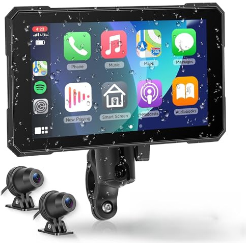 VECHTEL Navigatore Moto con Due Telecamere, 5 Pollice HD Touchscreen Navigazione per moto con Carplay Android Auto senza Fili, DVR, Impermeabile IP68, EQ, Bluetooth, Assistente Siri/Goo-gle, TPMS