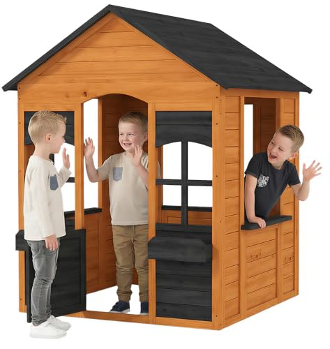AIYAPLAY Casetta da Giardino per Bambini in Legno di Abete, Casetta per Bambini da Esterno Interno con Finestre, Mezza Porta, Portavasi e Tetto, per Bimbi 3-8 Anni, 110.6x106.6x138 cm, Marrone Chiaro