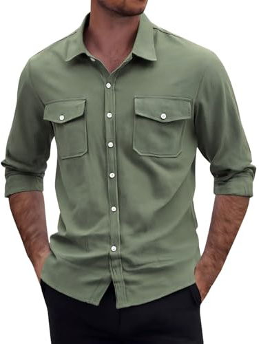 Camicia da uomo a maniche lunghe, senza stiratura, elasticizzata, per il tempo libero, con bottoni, in cotone, a doppia tasca, con colletto a risvolto, in tinta unita, in lino, leggera