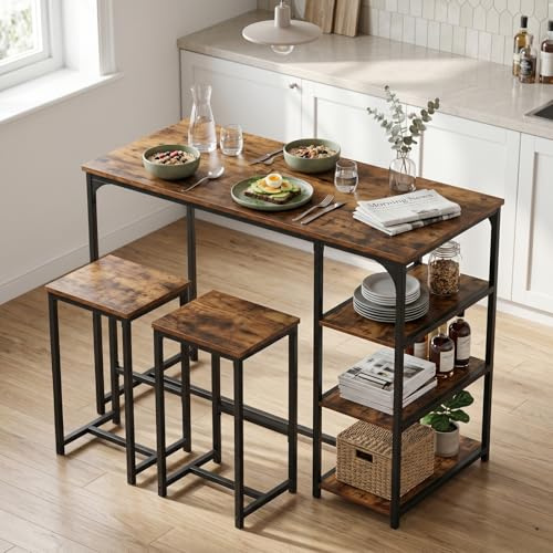 GOKHOMX Ensemble Table de Bar avec 2 Tabourets, Table Haute Mange Debout avec 3 Étagères, Style Industriel, pour Petit Espace Cuisine, Salle à Manger, Salon, Bar, Bistrot, Balcon, Marron et Noir