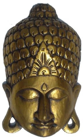 GURU SHOP Goldene Buddha Maske, Geschnitzter Wandschmuck, Ethno Wanddekoration aus Balsaholz - 40 cm Design 3