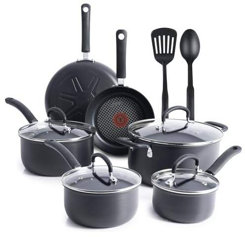 T-fal E765SC Ultimate Hard Anodized Nonstick 12 Piece Cookware Set, Dishwasher Safe Pots and Pans Set, Black
