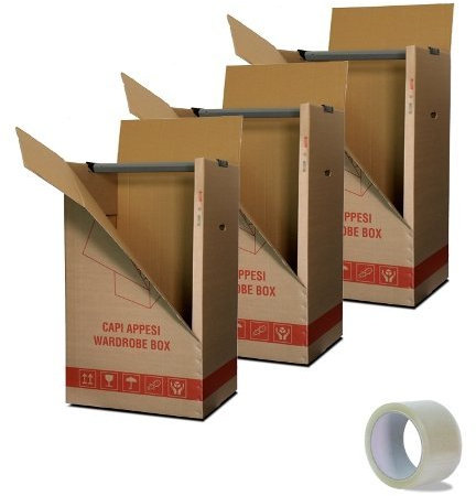 IMBALLAGGI 2000 - Scatole Cartone Porta Abiti con Barra Appendiabiti - 50x50 cm h 110 cm - Scatoloni per Trasloco Armadio - 3 Pezzi + 1 Nastro Adesivo Omaggio