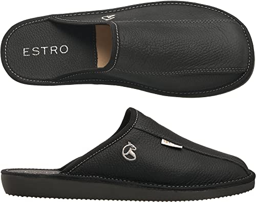 ESTRO Hausschuhe Herren Leder Herrenhausschuhe - Hausschuh Männer Pantoffel Pantoffeln Pantoletten Slipper Mann Warm FROST (46 EU, Onyx)